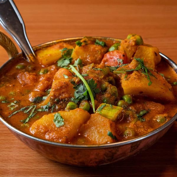 A close-up of a Tibetan potato and pea curry, garnished with fresh cilantro, in a metal bowl.