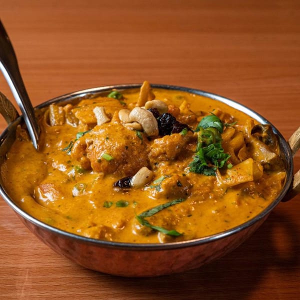 A bowl of Yak and Yeti's Tibetan curry, garnished with cashews, raisins, and cilantro.
