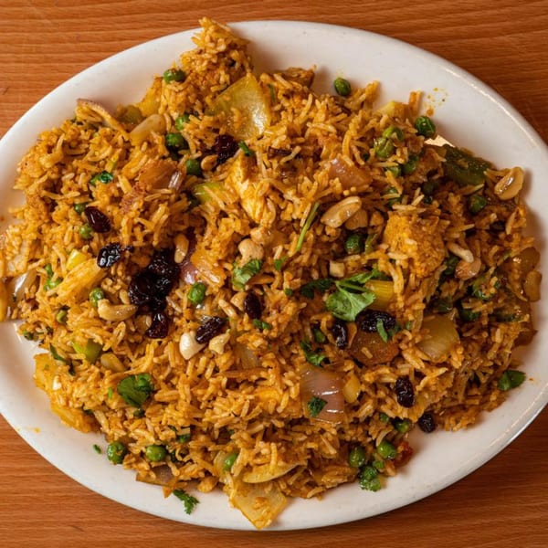 A large white plate of Tibetan fried rice with peas, cashews, raisins, and onions.