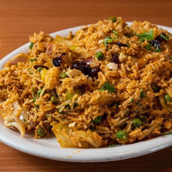 Close-up of Tibetan fried rice with peas, cashews, raisins, and chicken on a white plate.